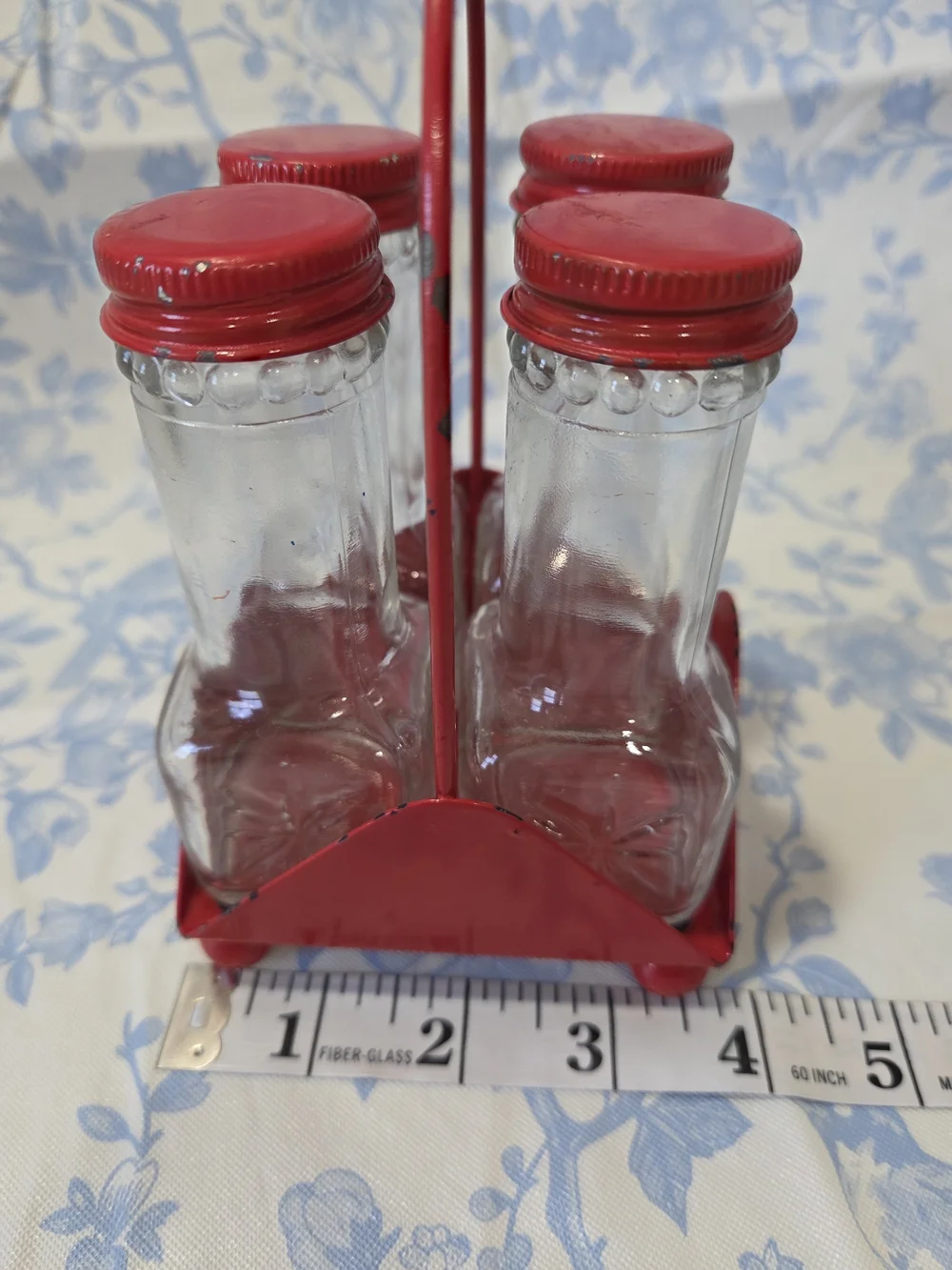 Red Vintage-Style Metal Glass Bottle Set with Carrier